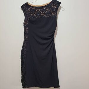 Connected Apparel True Black Cap Sleeve Ruche Lace Sequin Fully Lined Dress Sz 4